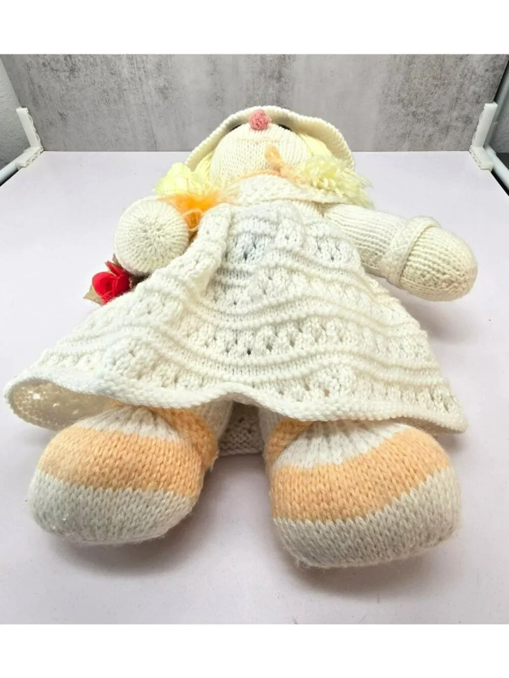 Knitted Victorian Style Doll Hat & Dress Blonde Yarn Hair Soft Plush Toy VL5184